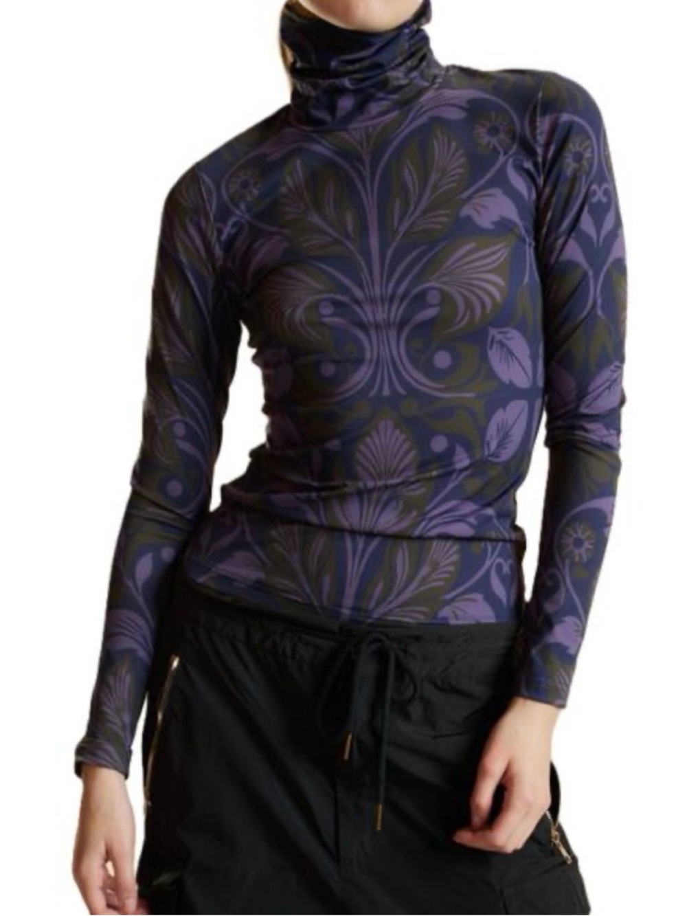 Cynthia Rowley Purple & Black Floral Turtleneck Long Sleeve Top S Small